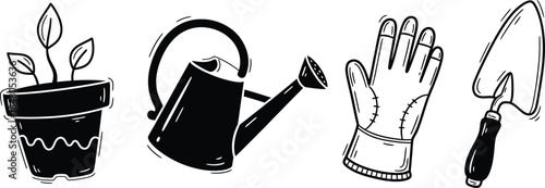 A set of four hand-drawn doodle icons on a single image a wobbly plant pot, a crooked watering can, a rough gardening glove, and an imperfect trowel