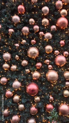 Shiny pink and gold baubles cover a lush Christmas tree with twinkling lights in a festive arrangement. Concept of glamour, seasonal celebration and decorative holiday elegance