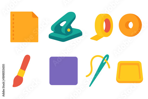 Craft Supply Icons. Simple Handmade Set modern flat vector icons: craft paper, hole punch, washi tape, wooden bead, mini brush, foam sheet, needle thread, small tray