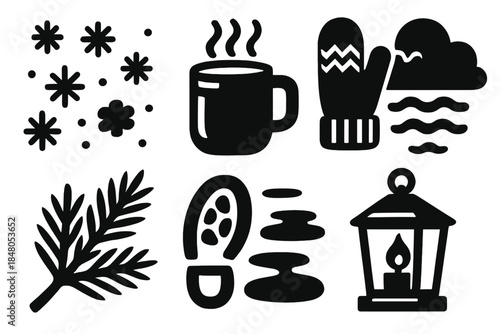Enchanted Snowfall Icons. Enchanted Snowfall Scene silhouette set: falling flakes, warm drink mug, knitted gloves, cloud haze, pine branch, snowy footprint, icy ground, small