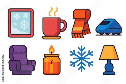 Cozy Train Icons. Cozy Winter Train Ride modern flat vector icons: frosted window, warm drink mug, wool scarf, train silhouette, plush seat, candle jar, snowflake, soft lamp