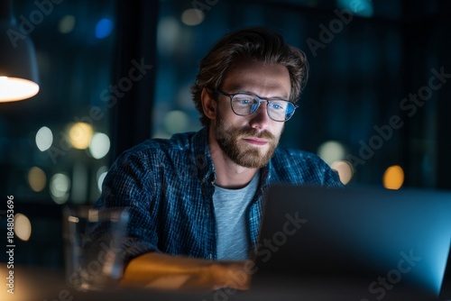 Young man in glasses working late at night in a cozy home office with warm desk lamp lighting