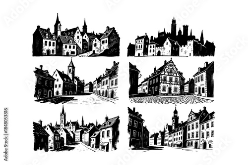 Collection of old European town street scenes in black and white woodcut style, with historic architecture on a clean white background concept