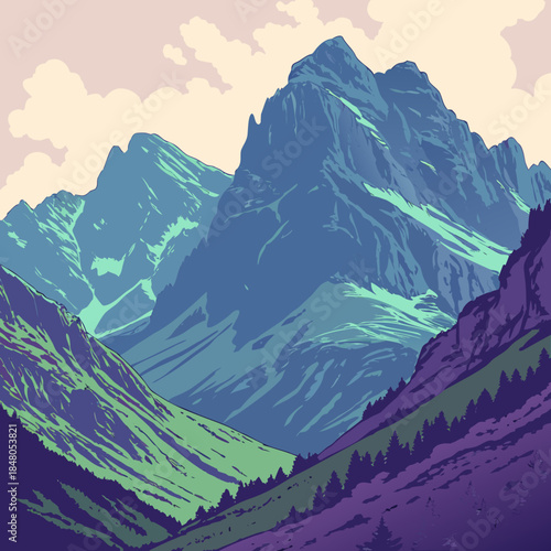 Mountain range with snow and trees on hillside