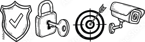 A set of four hand-drawn doodle icons on a single image a wobbly shield with checkmark, a crooked lock with key, a rough target with arrow, and an imperfect security camera