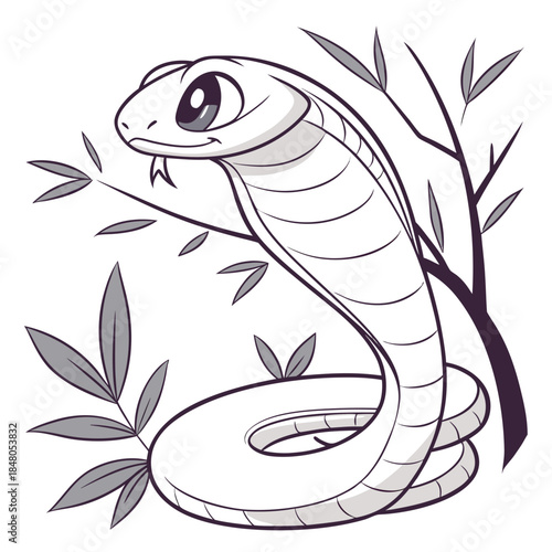 Cartoon cobra snake coiled with tree and leaves black and white