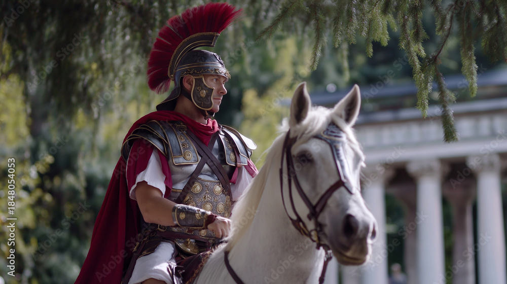Obraz premium Faceless man in Roman legionary armor with red cape riding white horse, various close-up angles, historical reenactment footage, defocused ancient setting, with copy space