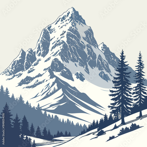 Snowy mountain landscape with pine trees winter