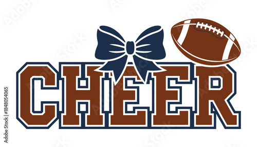 Cheer text with football and bow graphic, fun cheerleading design including football, coordinating bow, energetic typography, team apparel, school sports