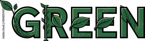 Green eco friendly lettering with leaves.