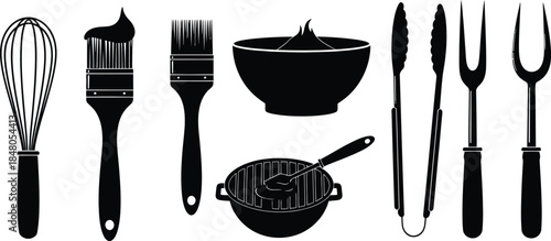 BBQ and sauce preparation kit showing whisk basting brush marinade bowl tongs and grill fork barbecue cooking vector icons black silhouette for summer party design