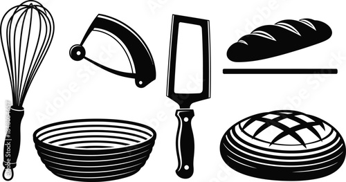 Bread making artisan tools set with danish dough whisk lame scoring knife proofing basket and sourdough loaf bakery vector icons