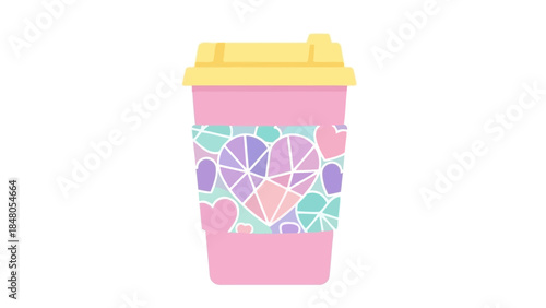 Stylish pastel-colored disposable coffee cup with mosaic heart design perfect for casual cafe or