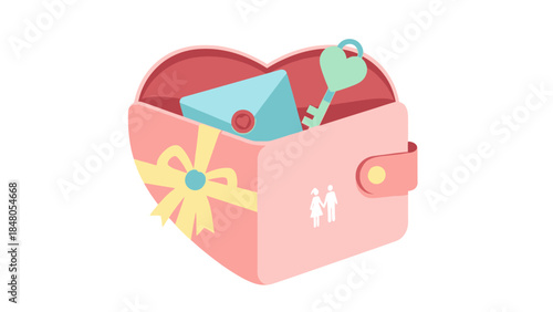 Stylish pink wallet with gift bow featuring key and letter inside for love or special occasion