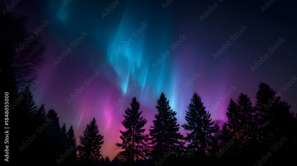 Fototapeta premium Vibrant Aurora Borealis Dancing Above Silhouetted Pine Forest Under Starry Night Sky.