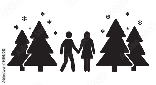 Christmas tree silhouette with family and children celebrating together in a vector illustration