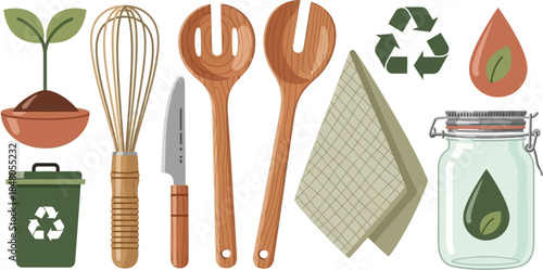 Eco friendly kitchen utensils set with bamboo whisk wooden salad servers reusable cloth and glass jar zero waste cooking vector icons