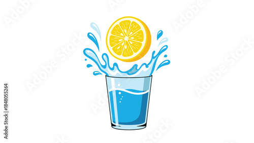 Refreshing lemon slice falling into a glass of blue water creates a vibrant splash, perfect for summer drinks and healthy lifestyle concepts.