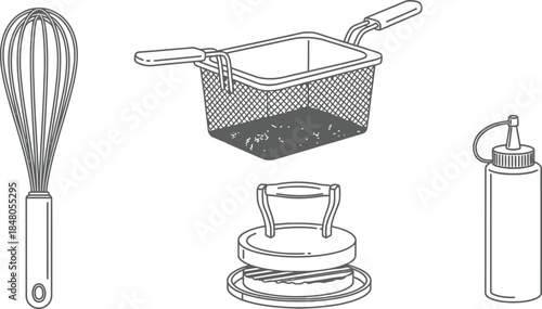 Fast food restaurant kitchen tools with whisk deep fryer basket burger press and condiment dispenser commercial cooking vector icons
