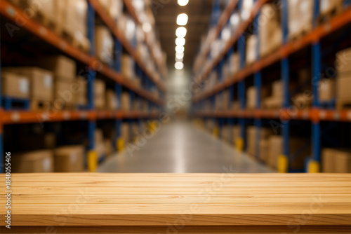 wooden top table with blurry background warehouse