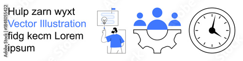 Business teamwork, productivity, management, scheduling, workflow, communication. Visuals include a presenter, gear with people icons and a clock. Teamwork and productivity concept