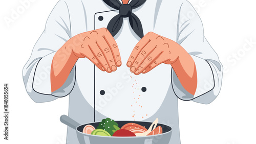 A chef carefully seasons a colorful vegetable stir-fry with a delicate sprinkle of seasoning, enhancing its flavor and presentation.