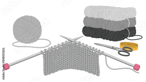 Knitting supplies including yarn, needles, scissors, and a partially completed knitted fabric are arranged for a crafting project.