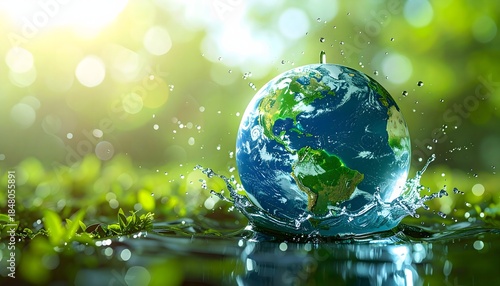 Planet Earth surrounded by fresh water splashes in green nature background. Concept of World Water Day, clean water conservation, sustainability, environment protection, and global awareness.