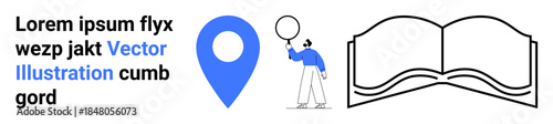 Blue geolocation pin, person holding a balloon, open book outline, and placeholder text. Ideal for navigation, education, storytelling, creativity, simplicity map tools and simple landing page