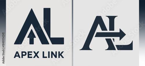 Apex Link AL monogram logos with upward arrow and connected letters, bold corporate tech branding marks; modern vector set for networks, analytics, SaaS