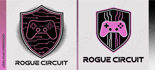 Rogue Circuit gaming shield logos with controller and circuitry, neon magenta tech esports emblem set; modern vector marks for streamers, teams and hubs