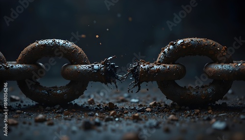 Rusty broken chain with one link shattered, dark minimal background, strong contrast lighting, concept of breaking limits, cinematic realism