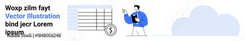 Financial management, data organization, digital storage, finance reporting, cloud computing, economic planning. Graphic showing tables, currency symbol and person with a clipboard. Financial