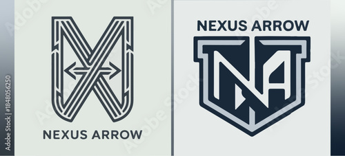 Nexus Arrow monogram logos with interlaced N mark and directional arrows, modern shield variant; sleek tech brand vector set for navigation, logistics and apps