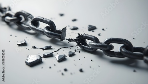 Broken metal chain lying on a clean white background, snapped links in focus, symbol of freedom and strength, dramatic lighting, high detail, photorealistic