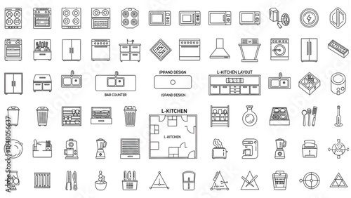 50 Clean Architectural Kitchen Symbols 2D Line Art Icons