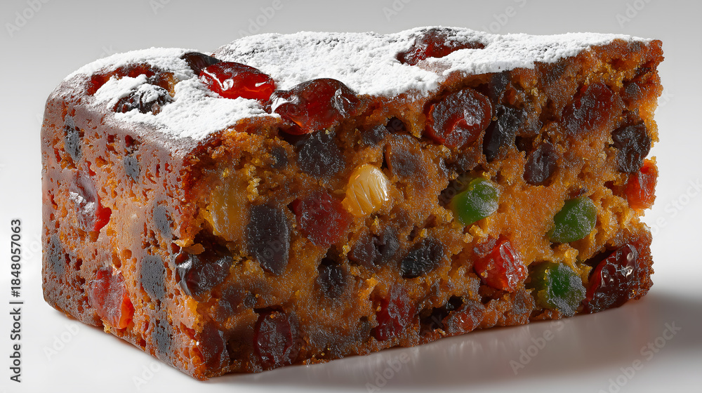 Fototapeta premium Traditional Christmas Plum Cake Piece with Nuts and Dried Fruits on Clean White Background