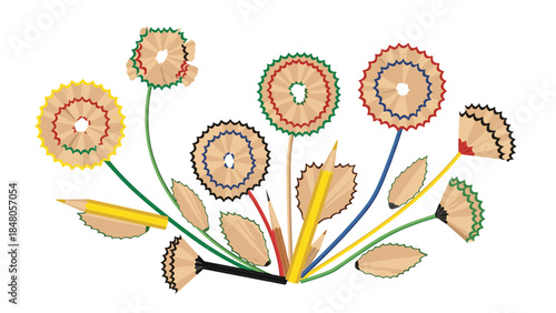 Colorful bouquet creatively crafted from pencil shavings forms a whimsical floral arrangement, showcasing artful recycling and vibrant design.