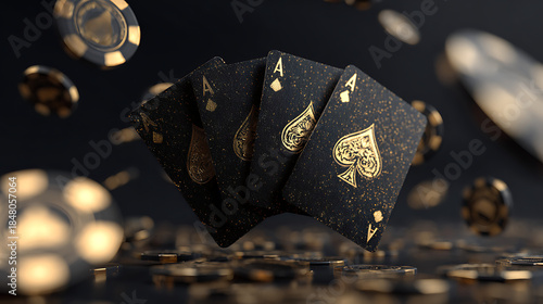 Four black aces gold spades casino chips dark poker cards