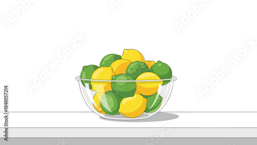 A vibrant assortment of lemons and limes overflows from a clear glass bowl, creating a refreshing and zesty still life composition.