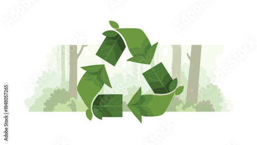 Eco friendly recycling symbol composed of green leaves represents sustainability and environmental conservation in a forest setting.