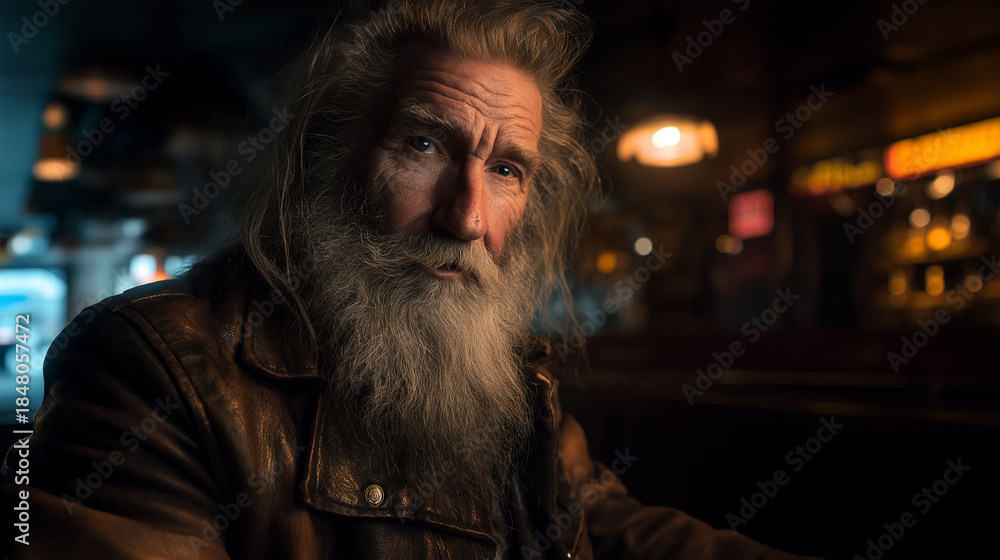 Obraz premium Portrait of an old man with a long beard, wearing a weathered leather jacket, in a dimly lit bar, cinematic lighting