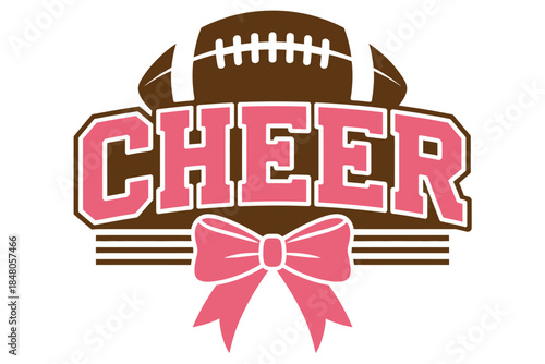 Cheer text with football and pink bow, bold pink “CHEER” text in varsity style, football above, large bow below, representing cheerleading, school spirit, team pride, pep rallies, athletic celebration