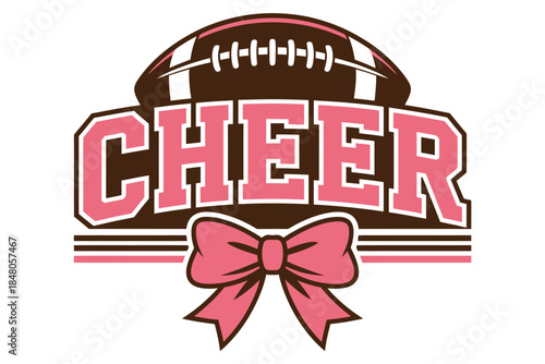 Cheer text with football and pink bow, varsity-style bold pink “CHEER” text, football illustration above, large coordinating bow below, perfect for cheerleading designs, school spirit