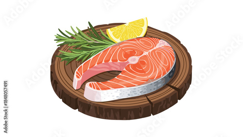 Fresh salmon steak is beautifully presented on a rustic wooden board with a lemon wedge and rosemary sprig.