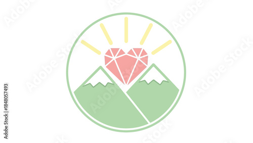 Stylized emblem illustrating radiant sun rising over mountain peaks with heart centerpiece within