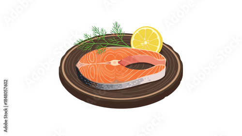 A vibrant salmon steak is beautifully presented on a wooden board with a lemon wedge and fresh dill, ready for a delicious meal.