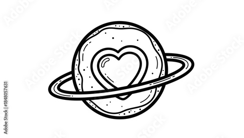 Stylized Heart Within a Planet Illustration with Ringed Atmosphere for Romantic and Cosmic Themed