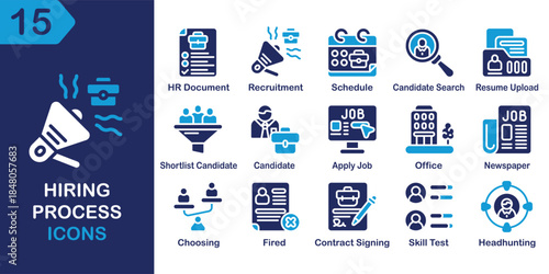 Hiring Process solid icons collection. Containing employee, recruitment, interview, employment, career and more. Solid vector icons collection. Vector Illustration.