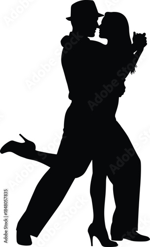 Elegant silhouette of tango dancers in formal attire performing romantic ballroom pose with lifted leg on white background for dance concept.